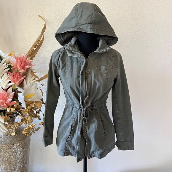Olive Green Drawstring Utility Hooded Jacket w Button and Zip Closure Y2K Small - Picture 1 of 13